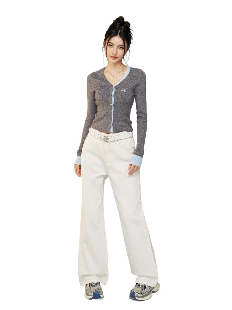 Letter Embroidery Denim Wide-Leg Pants