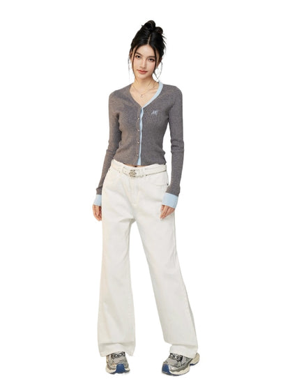 Letter Embroidery Denim Wide-Leg Pants