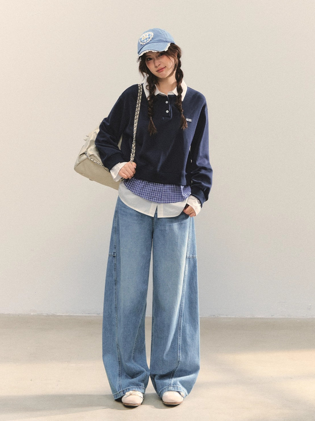 Navy Blue Plaid-Patchwork Polo Sweatshirt