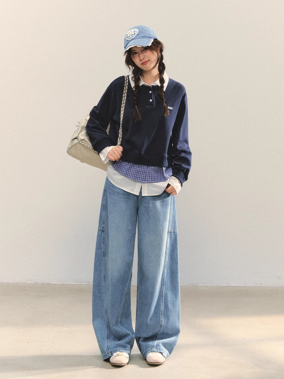Navy Blue Plaid-Patchwork Polo Sweatshirt