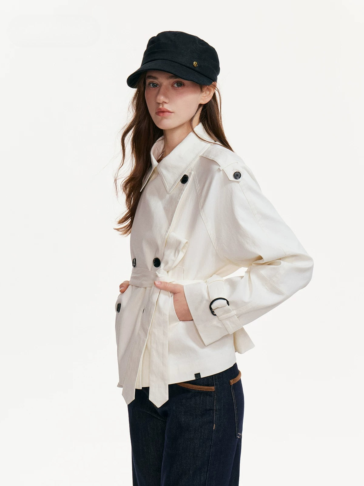 Buttoned Lapel Belted Cropped Trench Coat