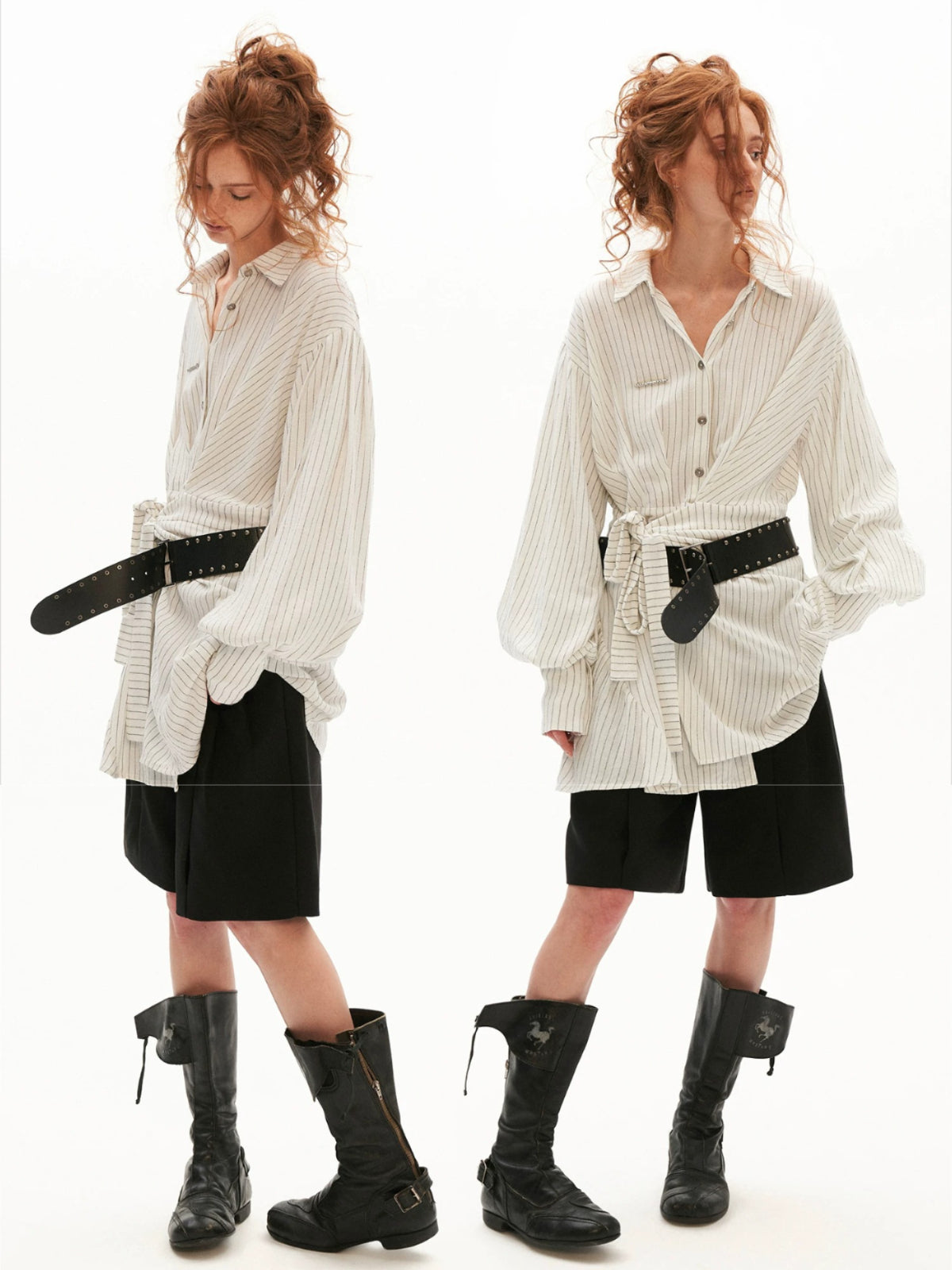 Striped Linen Tie Waist Long Shirt