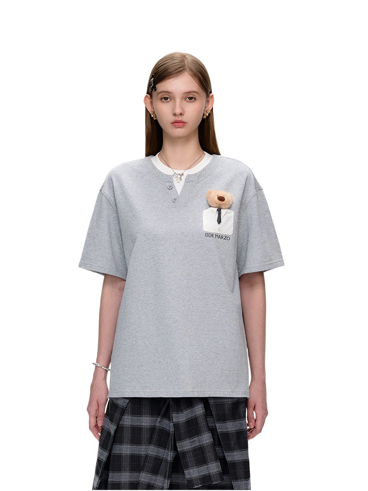 Pocket Doll Fake Two-piece Cotton T-shirt