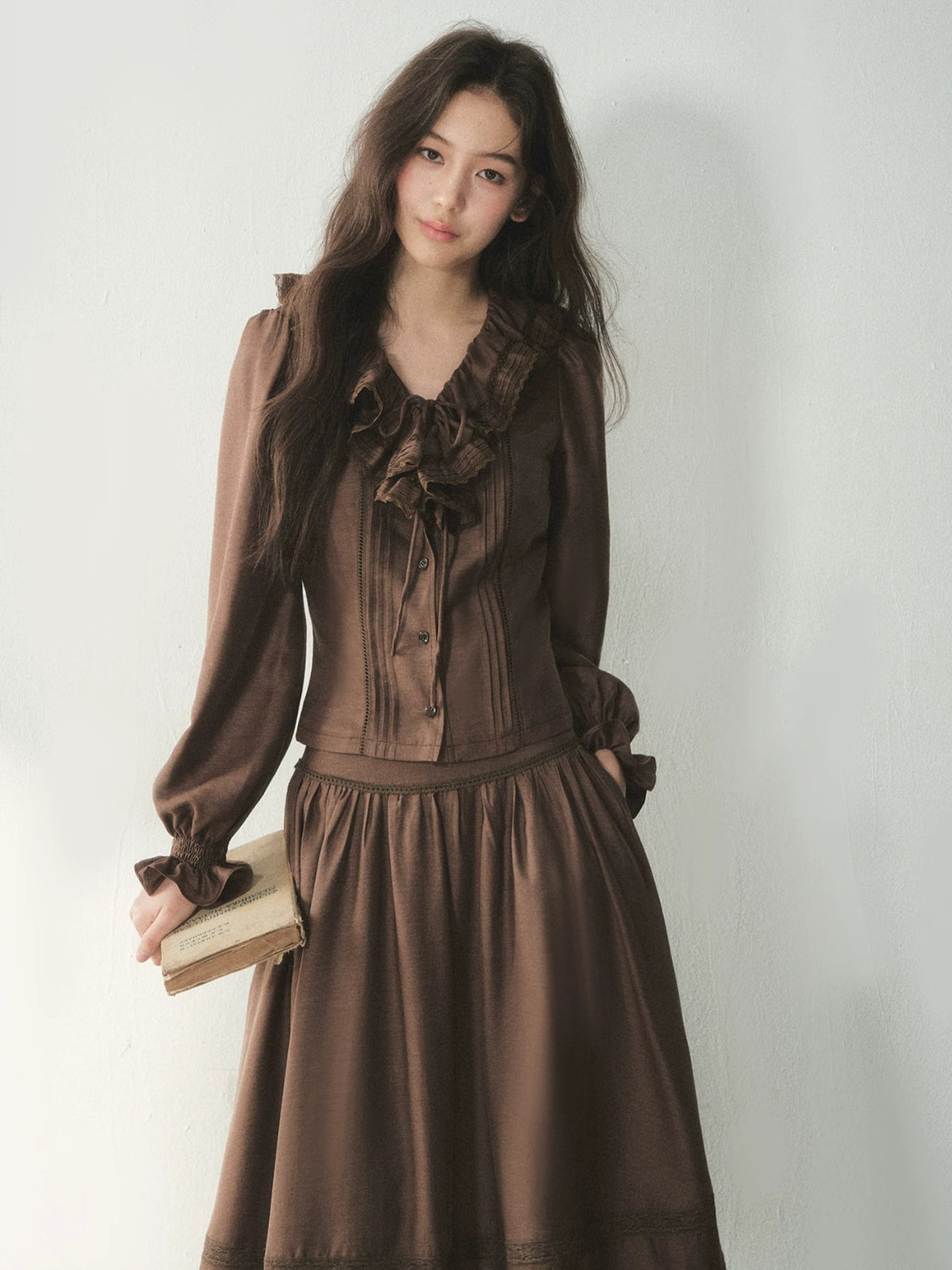 Vintage Ruffle Lace Shirt &amp; Skirt Set
