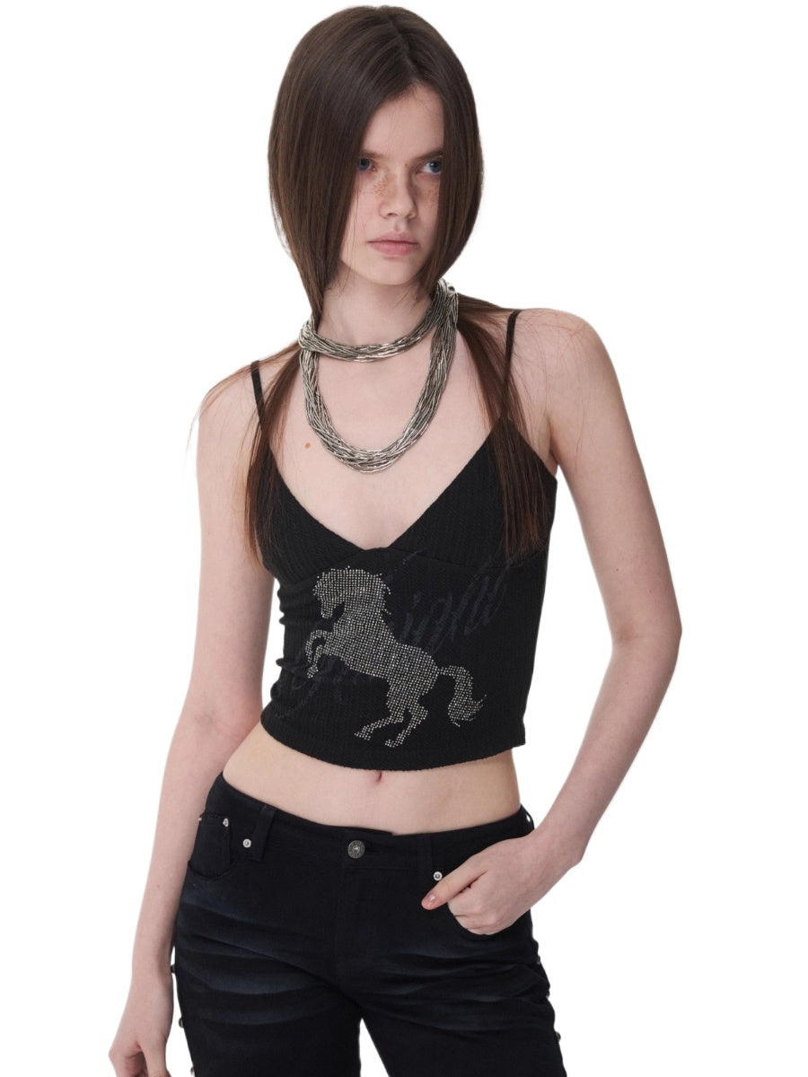 Knight Horse Rhinestone Cable Knit Cami Top