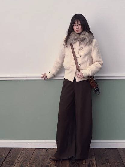 Cream Faux Fur Collar Down Jacket