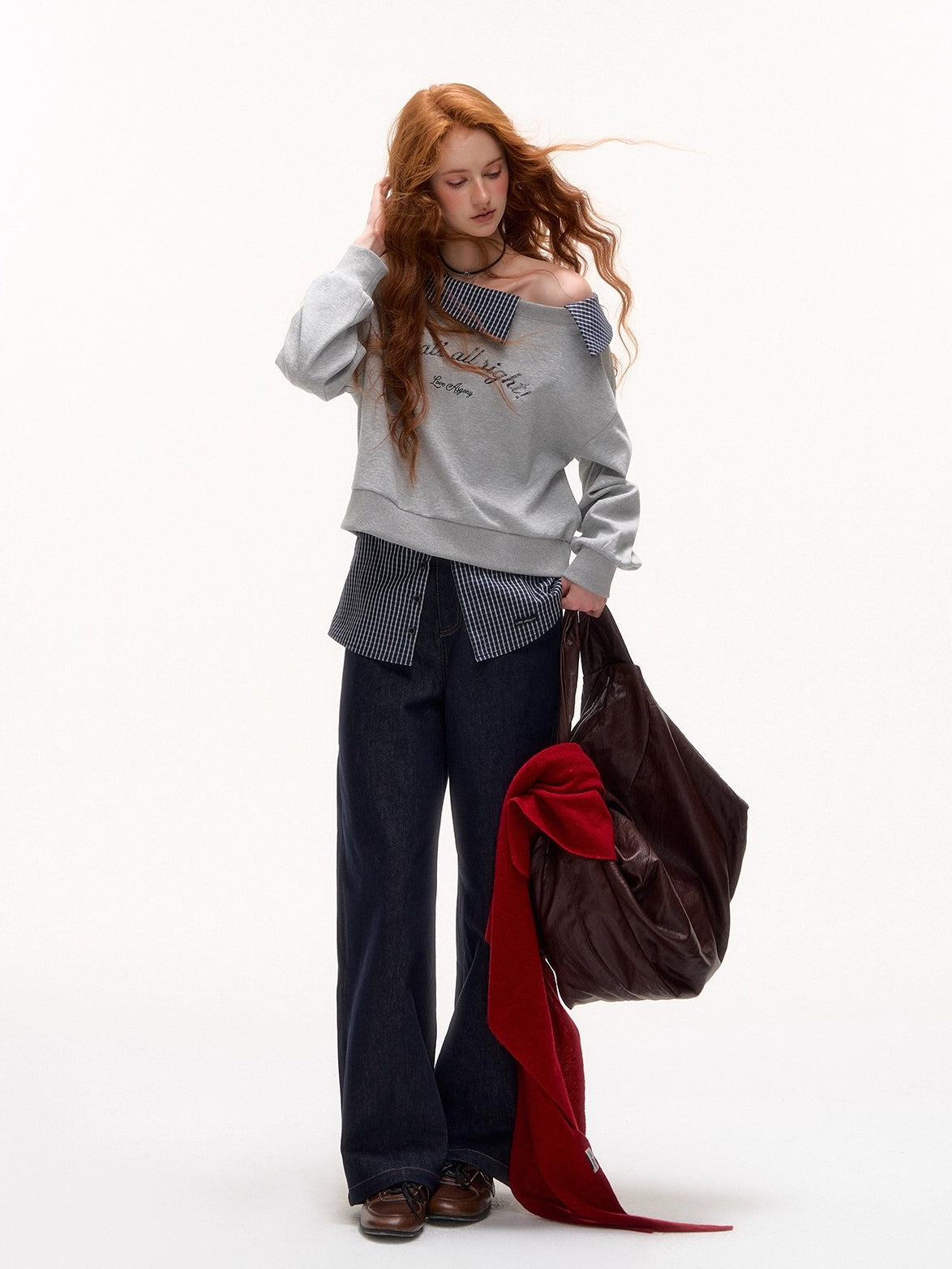 Plaid Patchwork Faux Two-Piece Straight-Leg Jeans