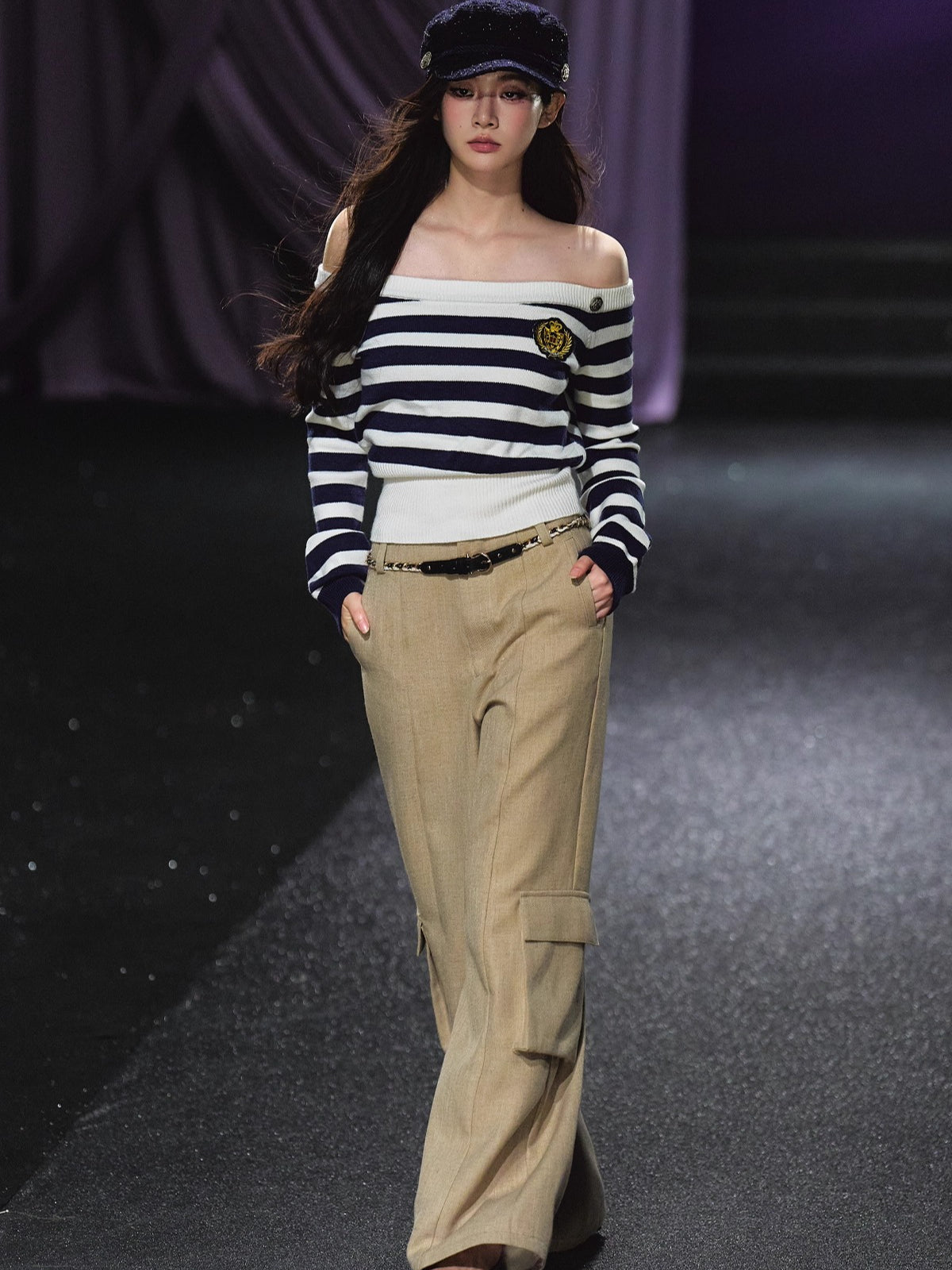 Off-Shoulder Sailor Stripe Sweater