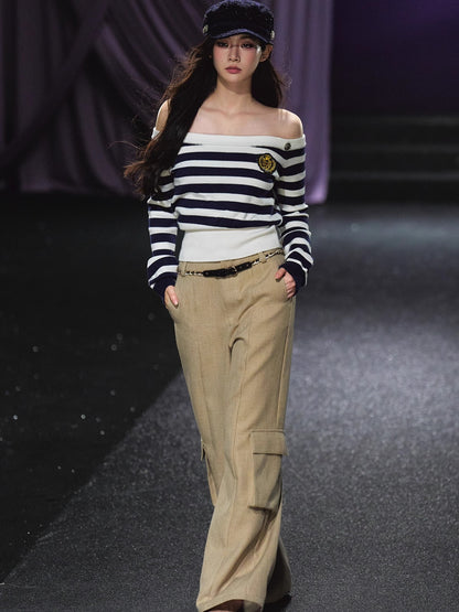 Off-Shoulder Sailor Stripe Sweater