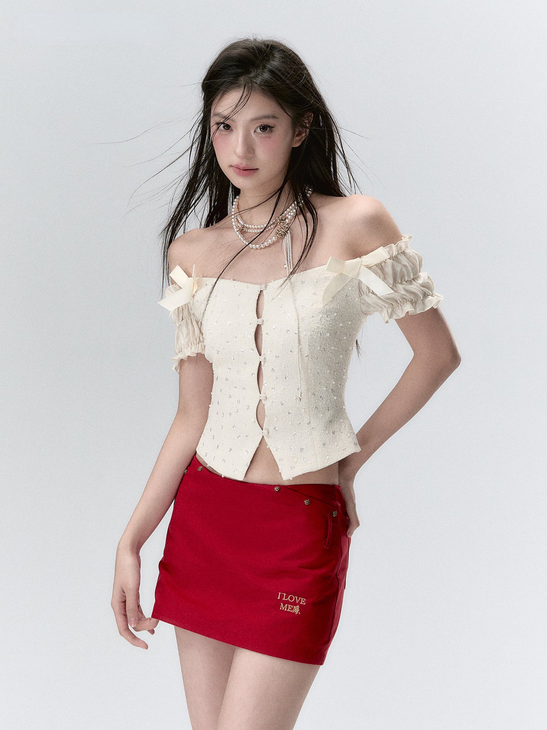 Off-the-Shoulder Sparkly 3D Pearl Mesh Blouse