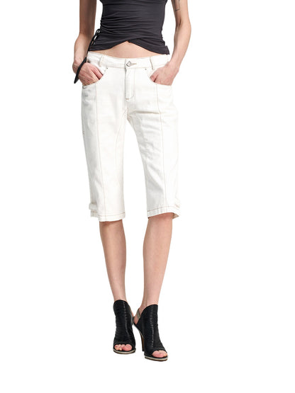 Contrast-Stitch White Cropped Jeans