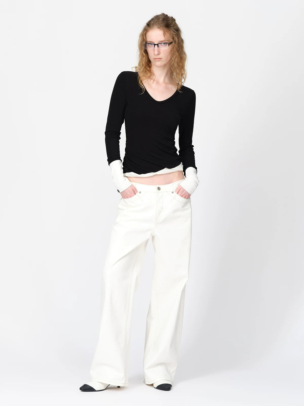 Wool Contrast V Neck Ruched Top