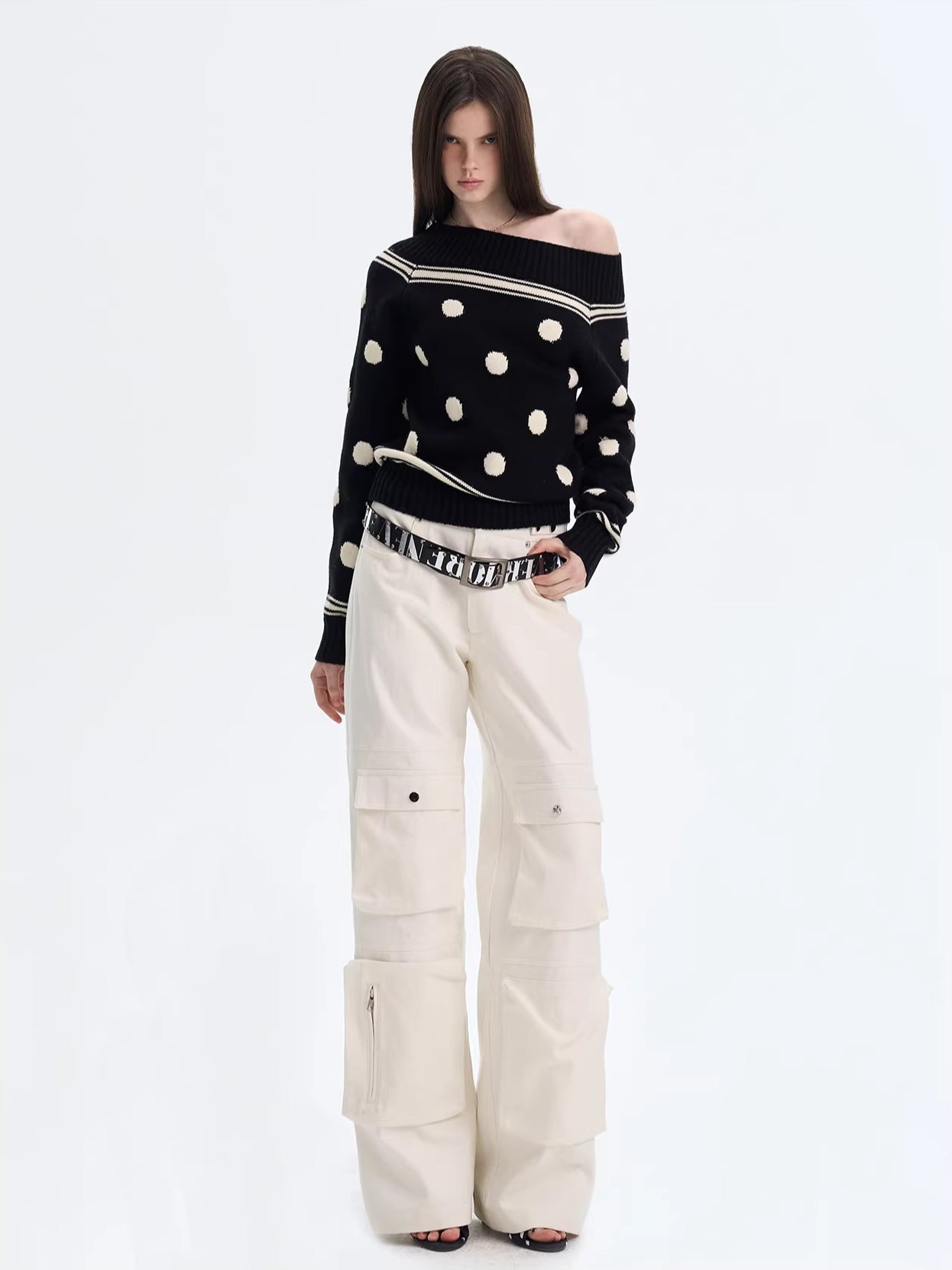 Polka Dot Knit Off-shoulder Top