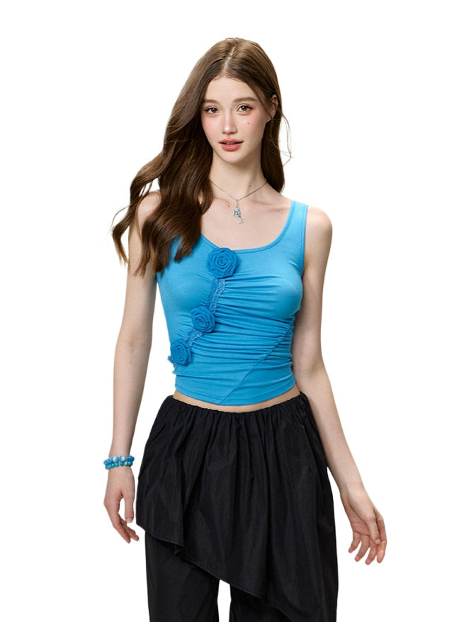 Blue 3D Rose Ruched Slim Tank Top