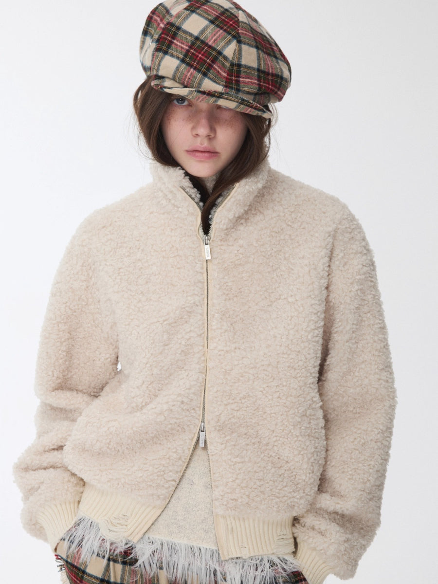 Zip-Up Shearling Textured Fitted Short Coat
