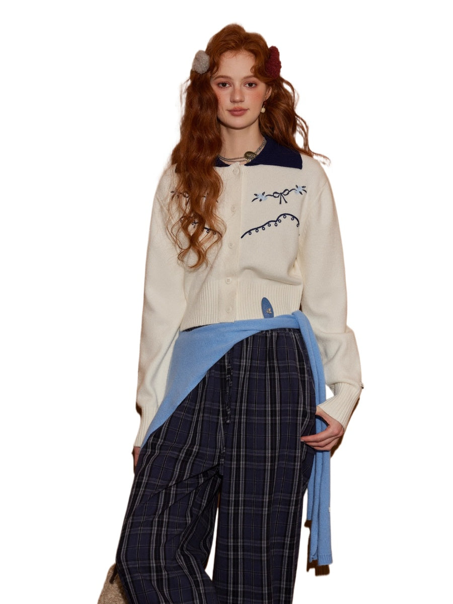 Contrast Collar Embroidered Knit Cardigan