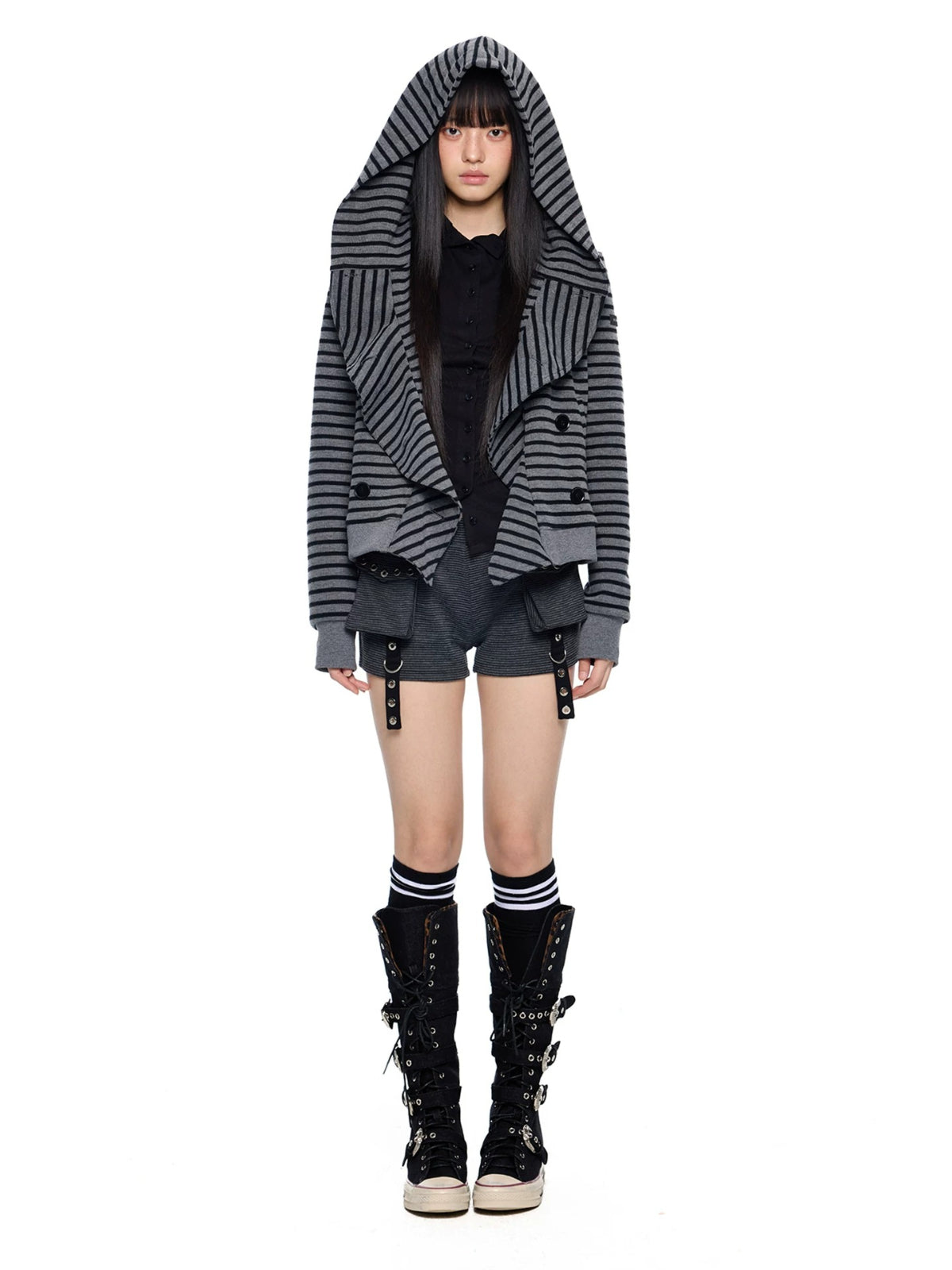 Striped Hooded Patchwork Cardigan