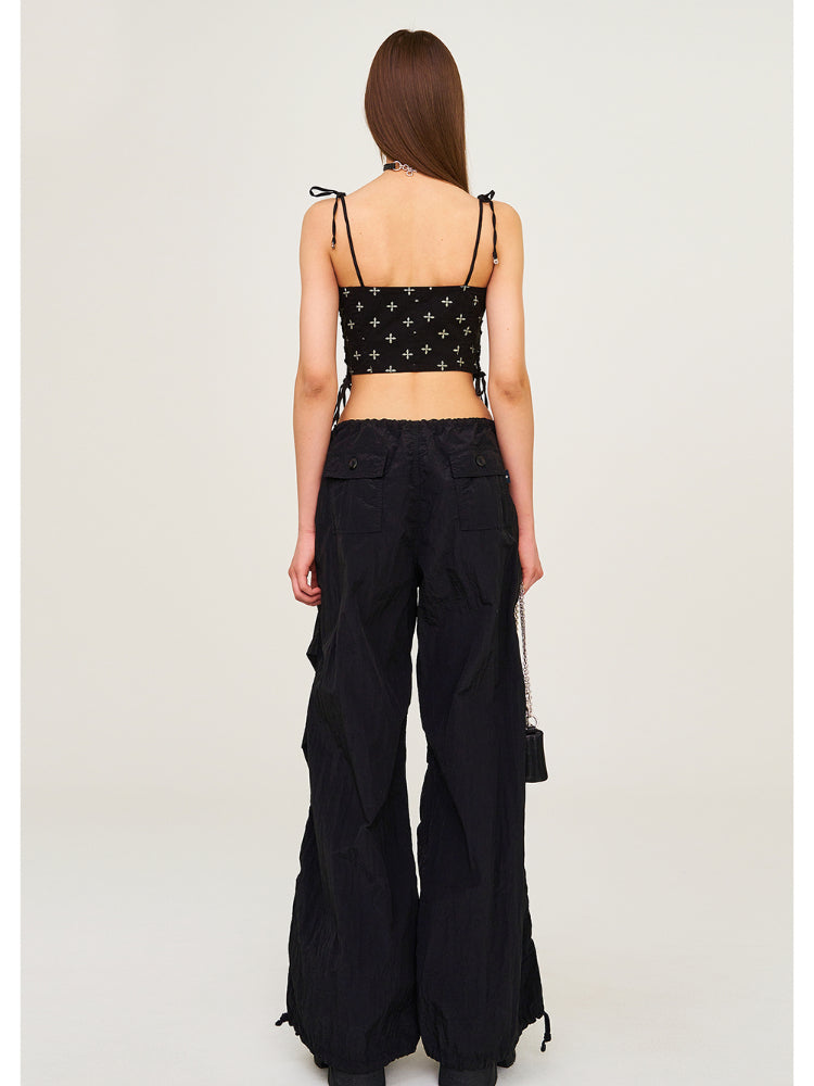 Drawstring Wide-Leg Cargo Workout Pants