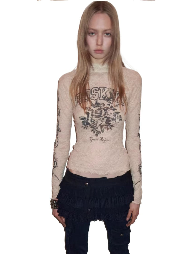 Rose Lace Print Mesh Top