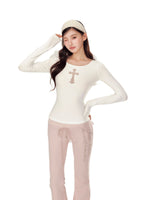 Embroidery Hollow Cross Long Sleeve Top