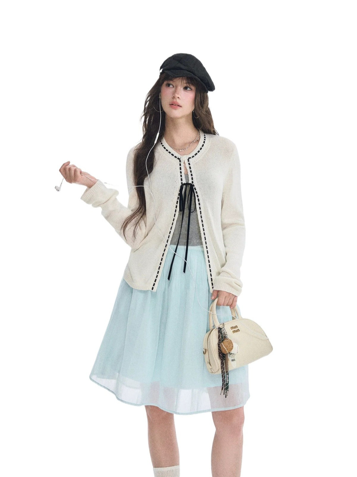 French Bow Trim Knit Cardigan