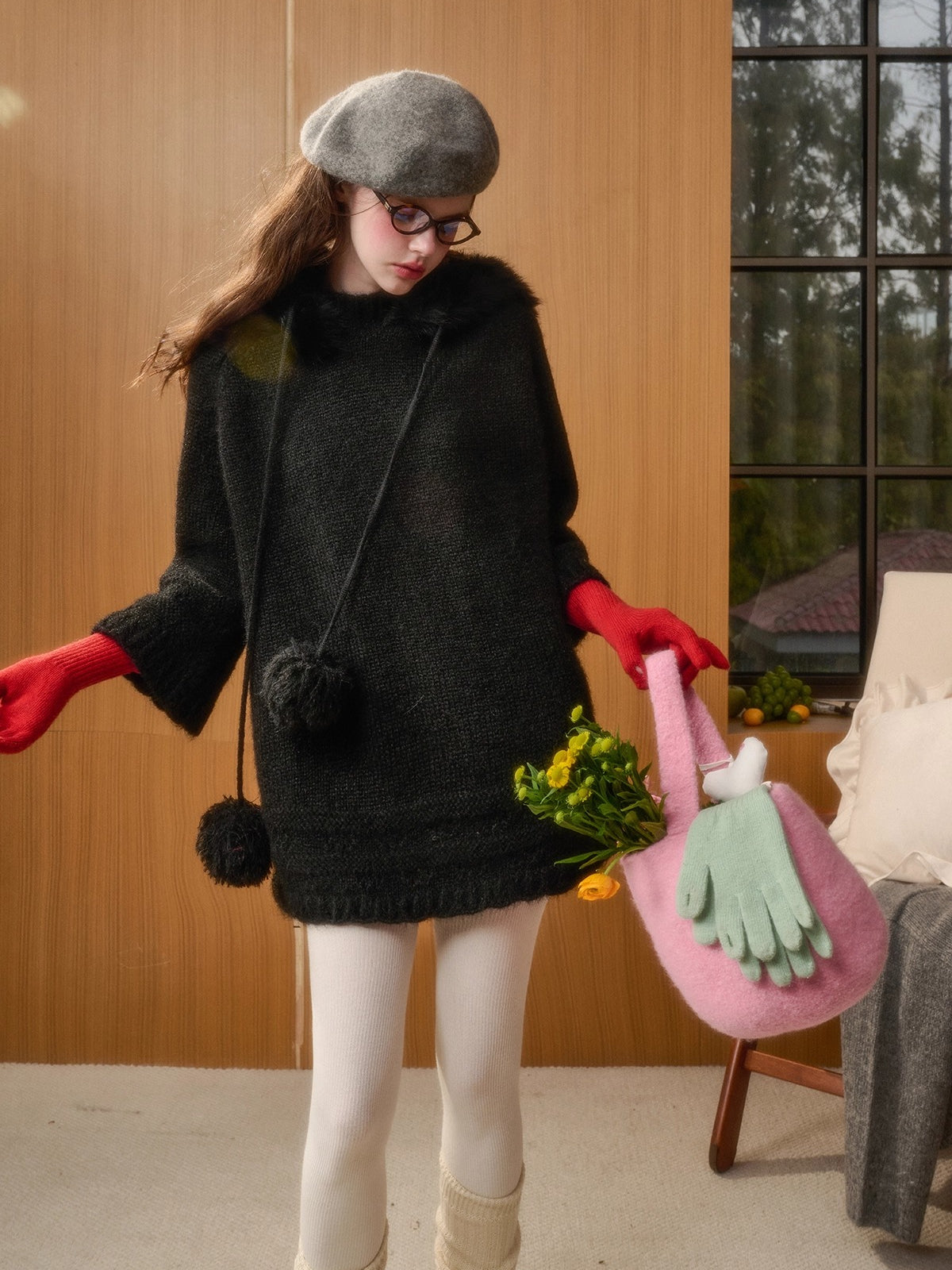 Hooded Faux-Fur Knit Cape Dress