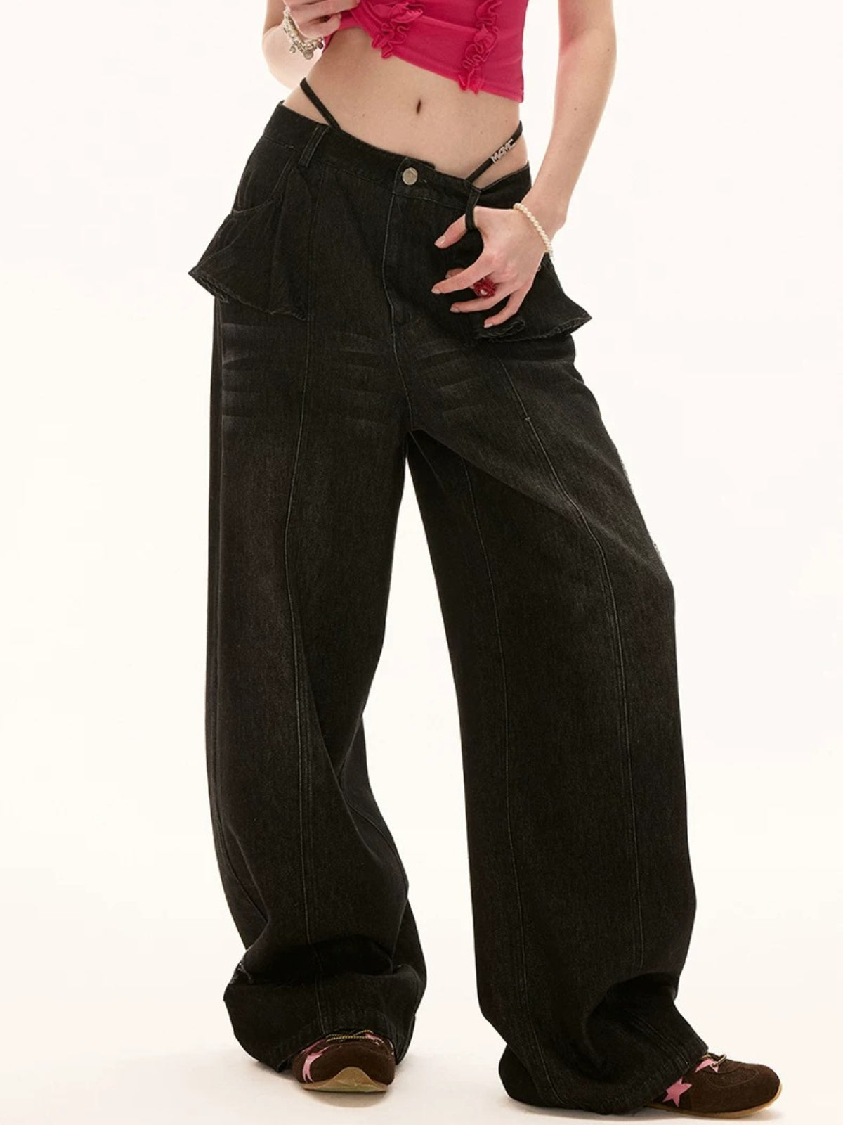 Vintage Ruffle Straight Leg Denim Jeans