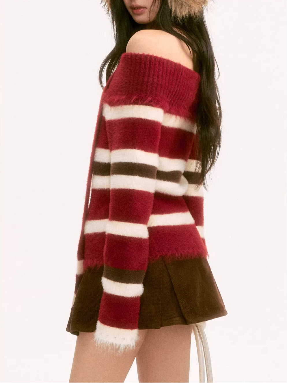Red Off-Shoulder Contrast Stripe Knit Top