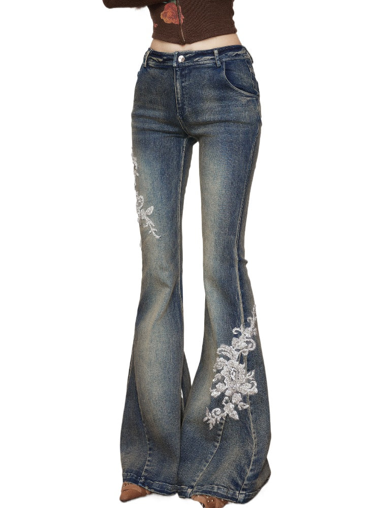 White Embroidered Flared Washed Denim Jeans