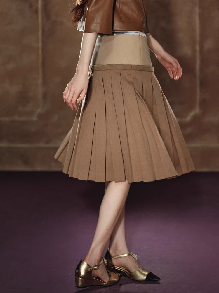 Satin Pleated A-Line Skirt Leather Jacket Set