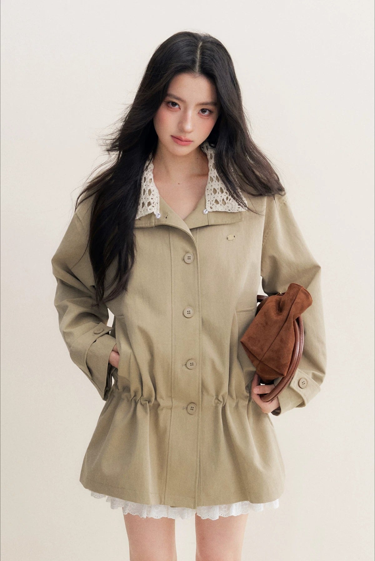 Crochet Collar Drawstring Coat