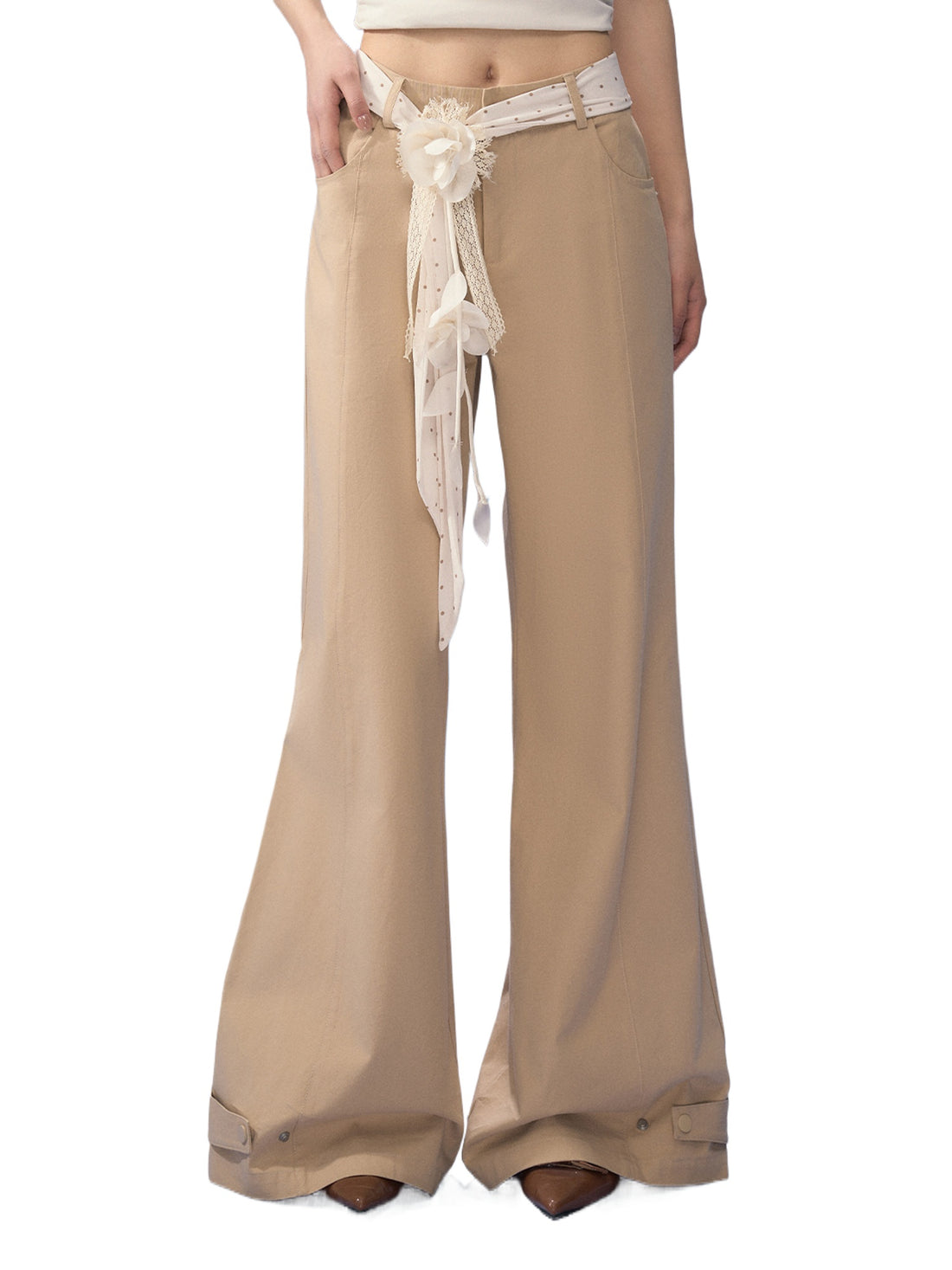 Brown Floral Belt Wide-Leg Pants