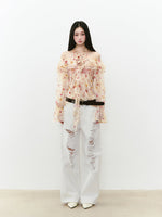 White Rhinestones Ripped Jeans