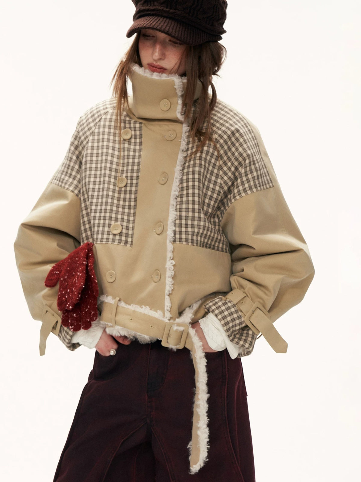 Plaid Faux-Fur Collar Casual Jacket