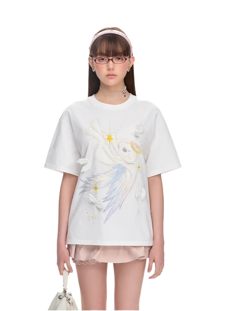 Angel Bear Illustration Cotton Short-sleeve T-shirt