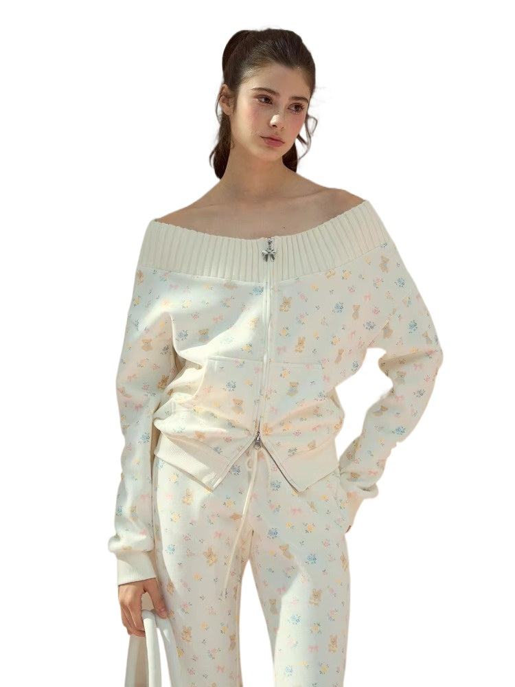 Floral Bear Bunny Off-Shoulder Sweatshirt & Pants Set