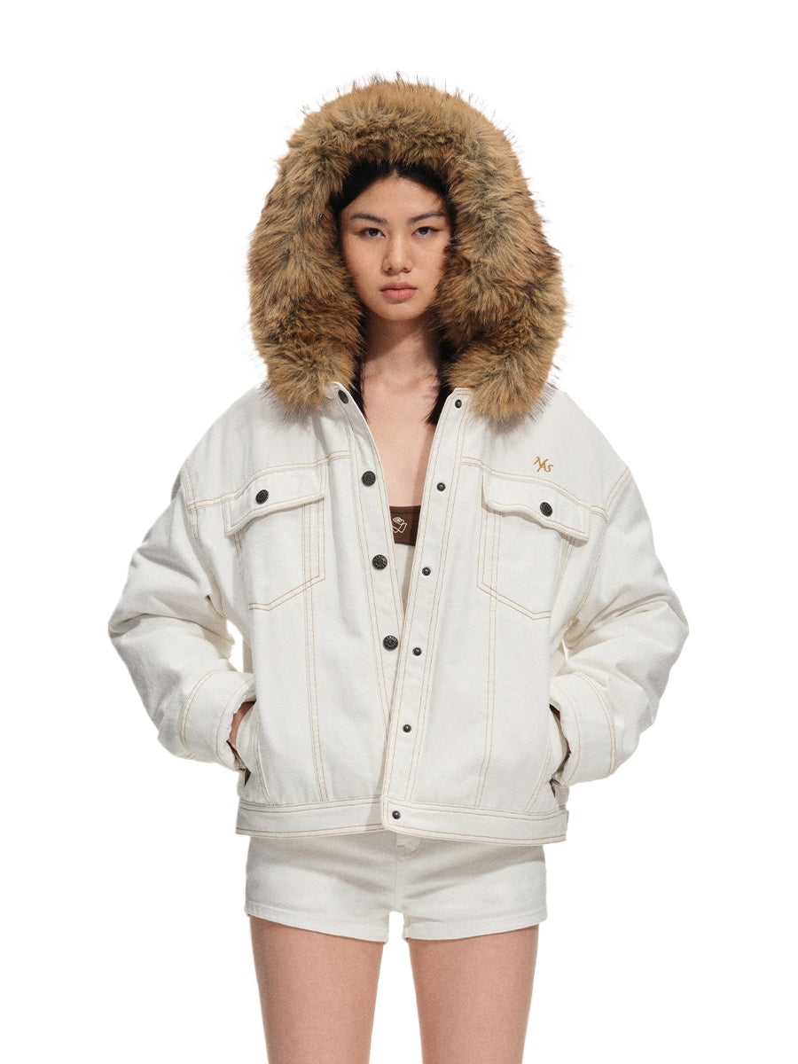 Polar Cotton Eco Fox Fur Collar Denim Jacket