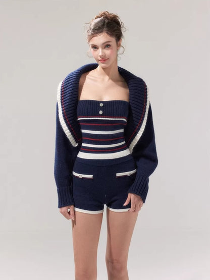 Navy Blue Striped Oversized Collar Knit Cardigan and Pants Set