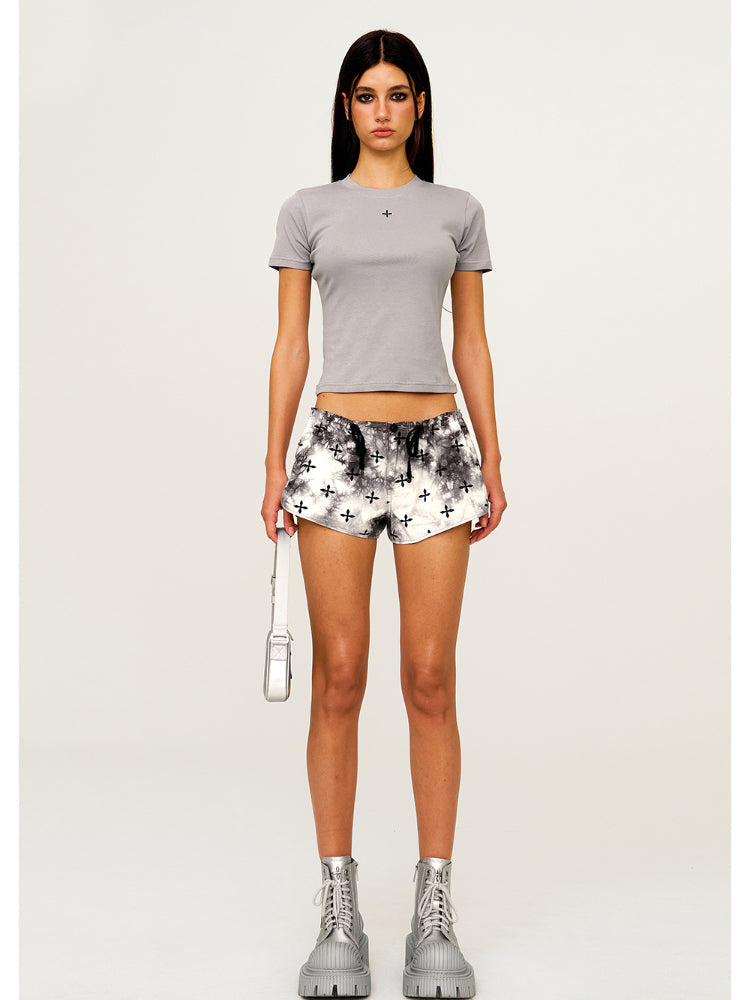 Waist-Cinching Embroidered Round-Neck T-Shirt