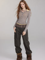 Brown & Black Mock Two-Piece V-Neck Sweater