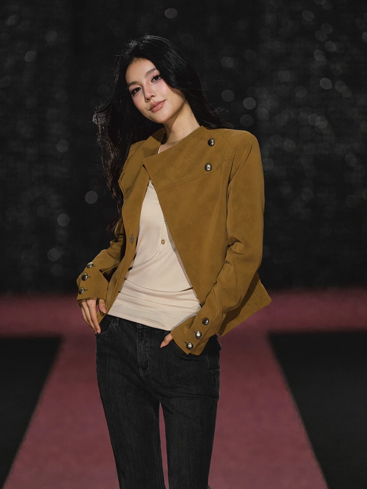 Asymmetric Diamond Quilted Faux Suede Jacket
