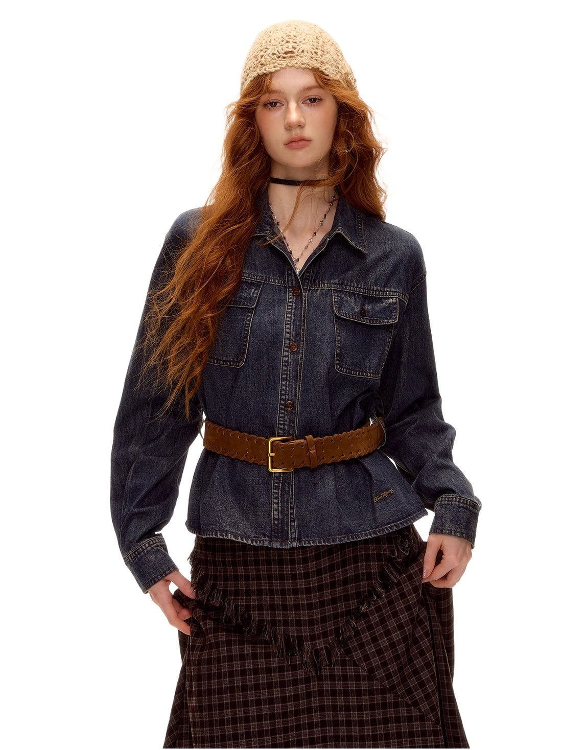 Washed Denim Belted Polo Shirt