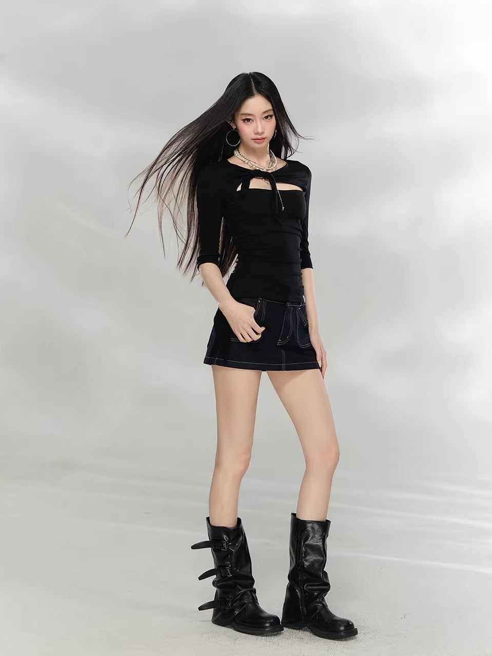 Black &amp; Khaki Tie Cutout Top