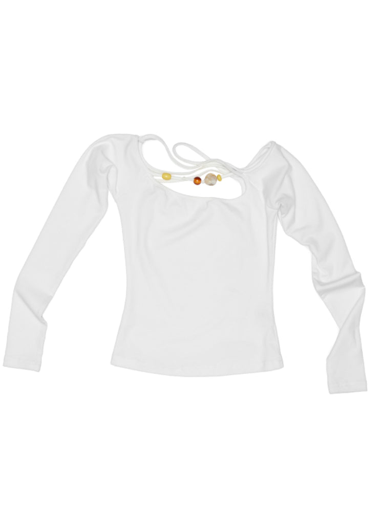 One-Shoulder Beaded Strappy Solid Color T-Shirt