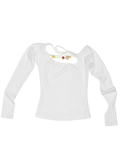 One-Shoulder Beaded Strappy Solid Color T-Shirt