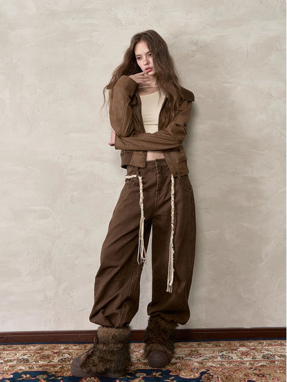 Brown Double-Waistband Straight Pants