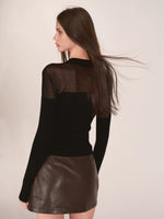 Sheer Mesh Mock Neck Fitted Knit Top