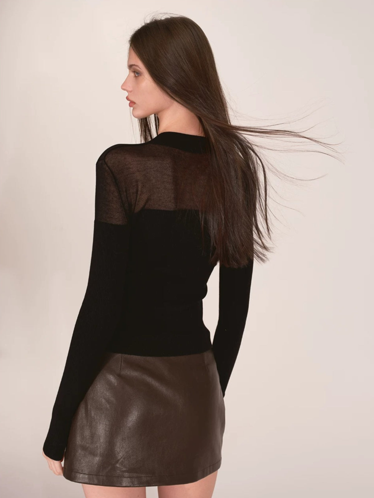 Sheer Mesh Mock Neck Fitted Knit Top