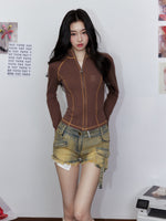 Low-Waisted Studded Bodycon Cargo Denim Shorts
