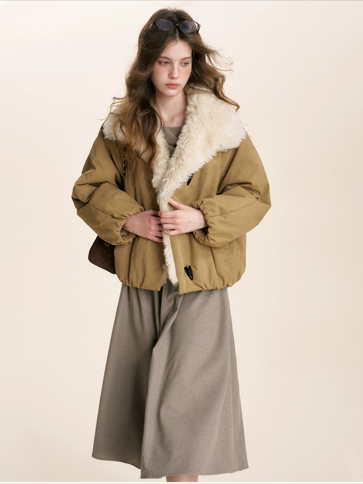 Khaki Shearling Collar Parka Jacket